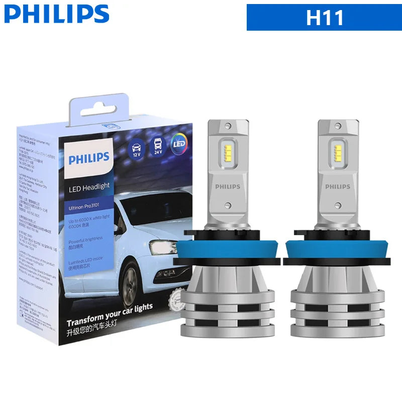 Philips LED H1 H3 H4 H7 H11 Ultinon Pro3101 12V/24V 6000K Bright White HB3 9005 HB4 9006 HIR2 9012 Auto Headlight LED Lamps, 2x