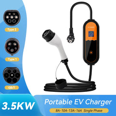 3.5KW Type2 Portable EV Charger 16A 1Phase EU Plug EVSE Charging 8A-10A-13A-16A Current Adjustable Electric Vehicle Charging