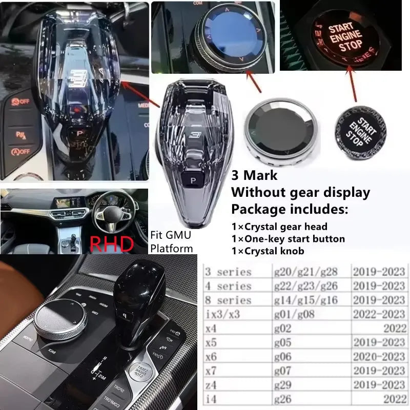 3 Piece Set Crystal Gear Shift Knob Lever Stick Handle for BMW 3 5 6 7 series x3 x5 x6 f30 g15 f01 g20 g05 g21 g28 g30 g31 g38