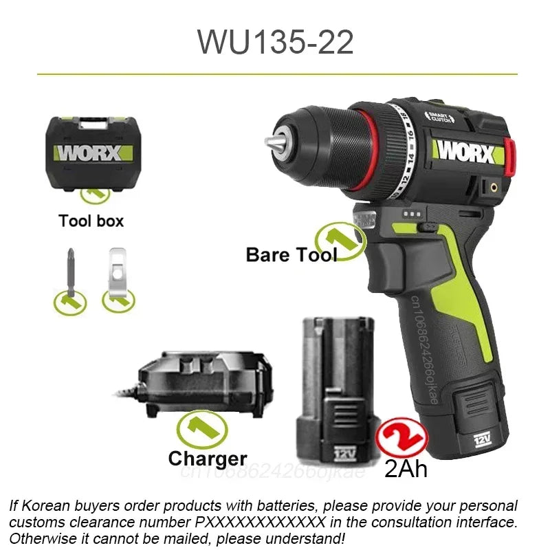 Worx 12v Cordless Electric Drill WU135 Brushless 50Nm 1 Smart Clucth Auto Stop and 2 Speed Adjustable Univeral 12V Paltform