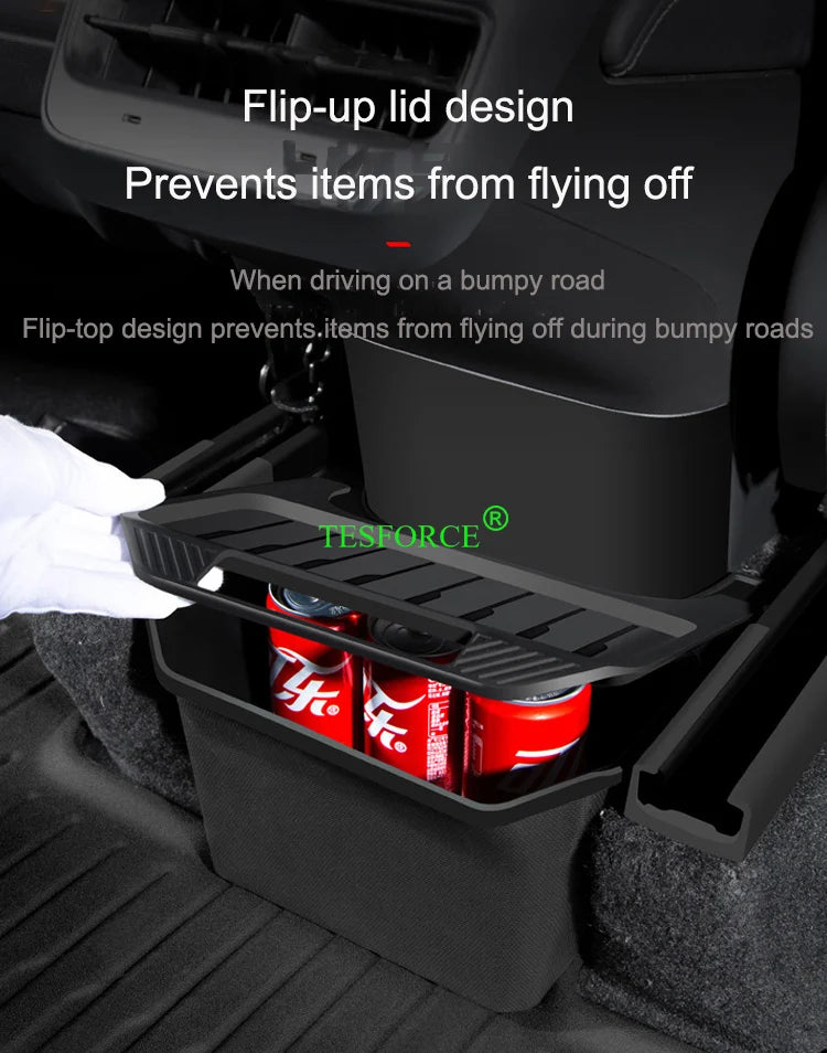 For Tesla Model Y 2021-2025 Rear Center Console Storage Box TPE Organizer Box with Cover Trash Can Under Seat Car Accessories
