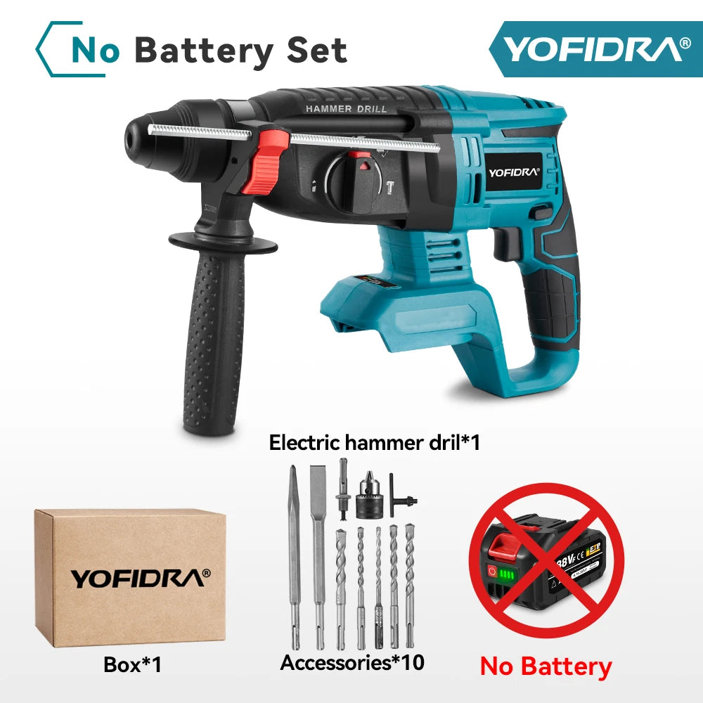 YOFIDRA 26mm Brushless Electric Hammer Drill Cordless Multifunctional Rechargeable Power Tools For Makita 18-21V Battery Pin