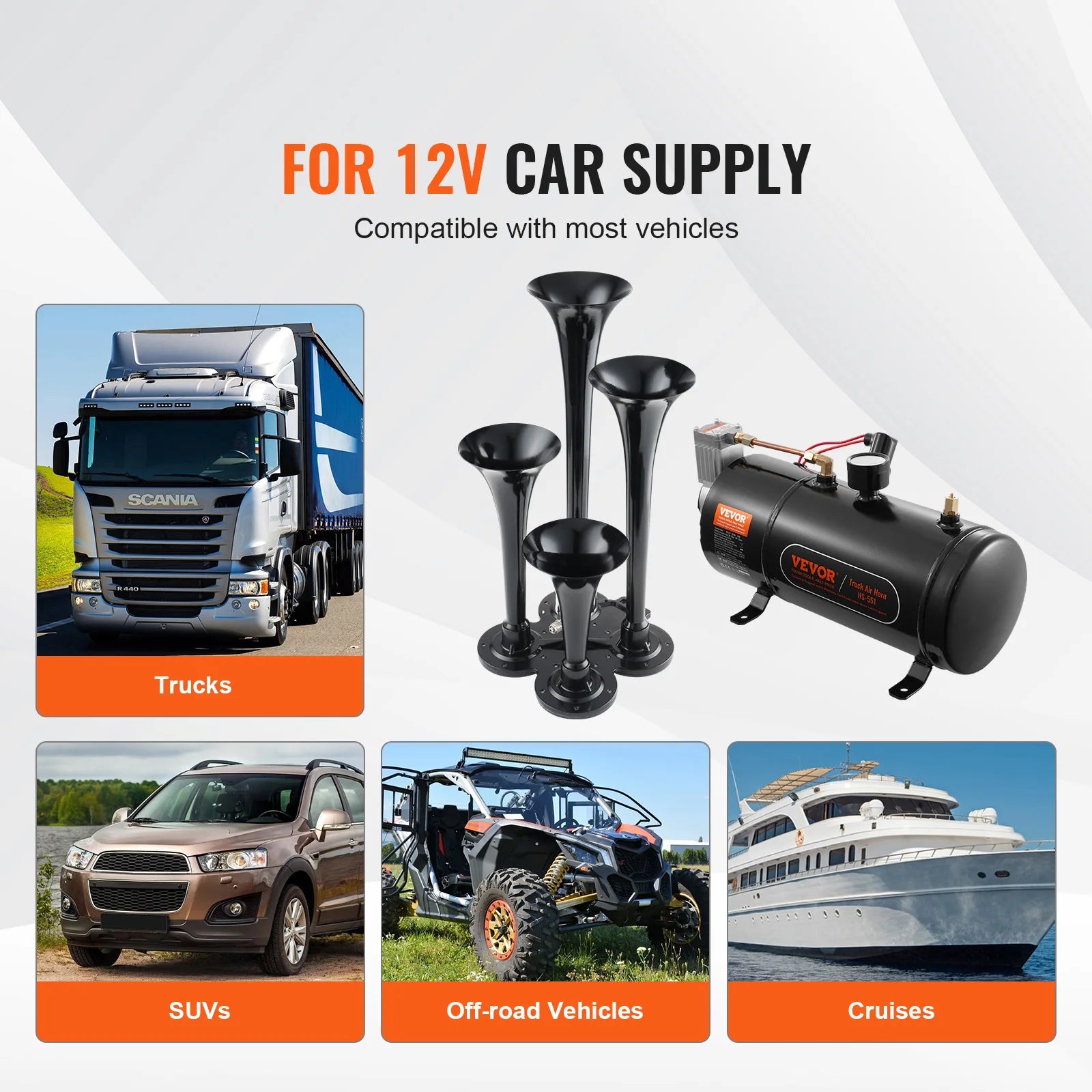SucceBuy Train Horns Kit 4 Trumpet Air Horn Kit Train Horns 12V 120 psi Air Compressor for Any 12V Vehicle Car Truck Train Van