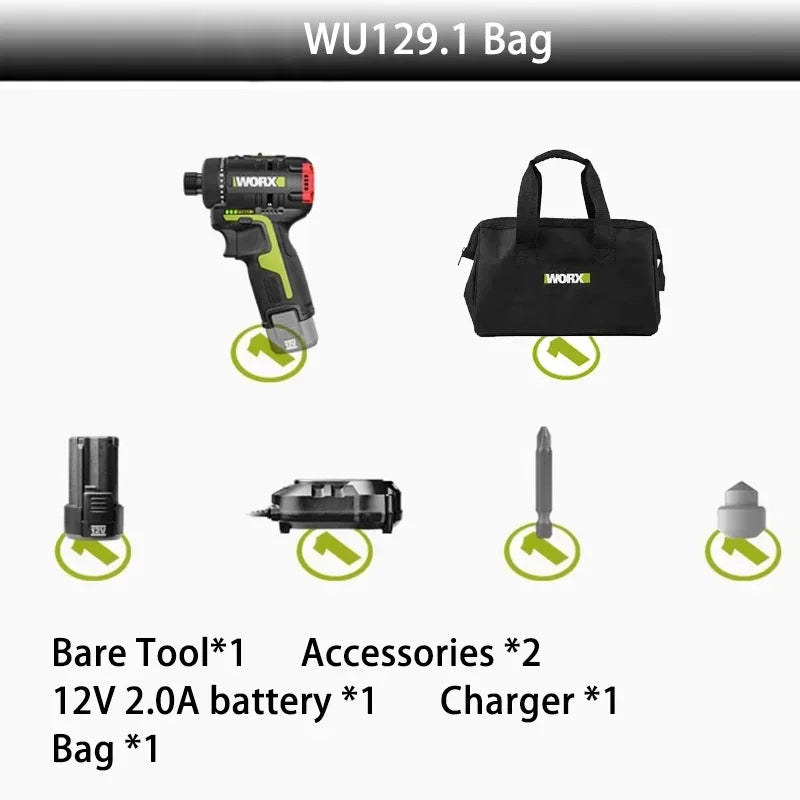 WORX 12V Brushless Driver Electromechanical Drill WU129 Lithium Battery Screwdriver Multifunctional Portable Impact Screwdriver