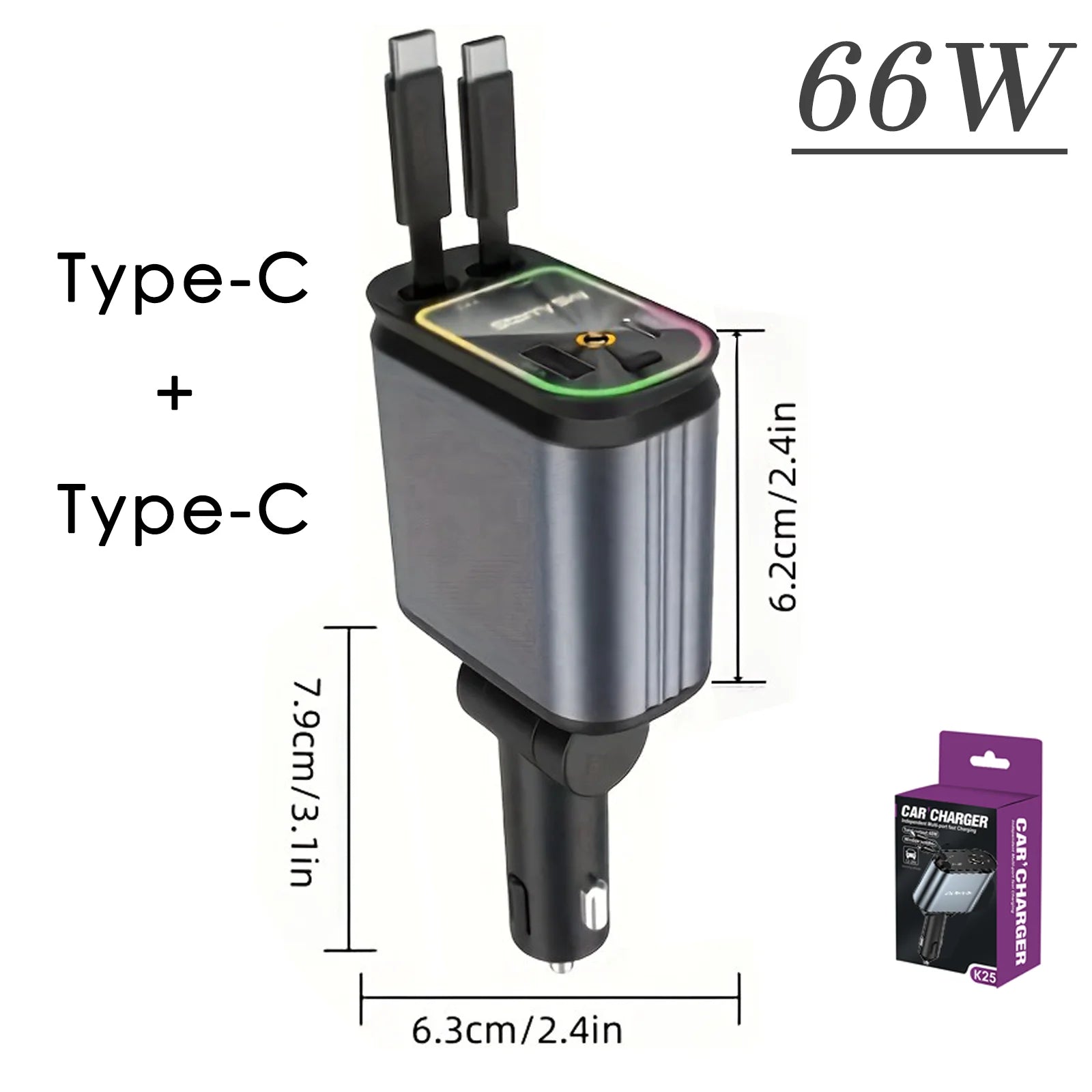 4in1 Retractable Car Charger with USB Roof Star Type-C Cable for iPhone Fast Charging Cigarette Lighter Adapter Starlight Phone