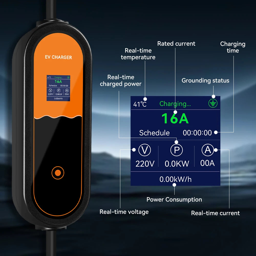 3.5KW Type2 Portable EV Charger 16A 1Phase EU Plug EVSE Charging 8A-10A-13A-16A Current Adjustable Electric Vehicle Charging