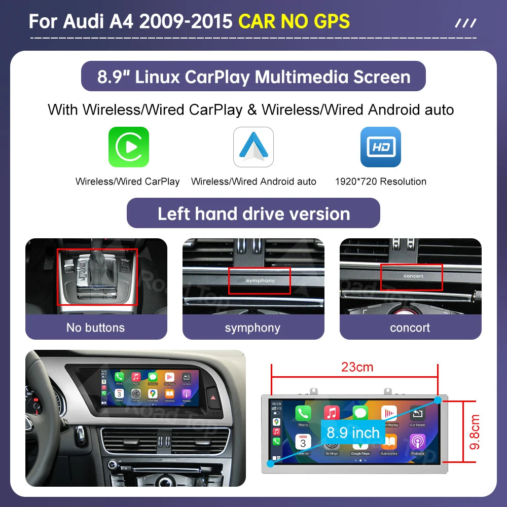 Road Top Radio Multimedia Linux Screen For Audi A4 A5 2009-2015 Wireless CarPlay Android Auto Airplay Car Player Function