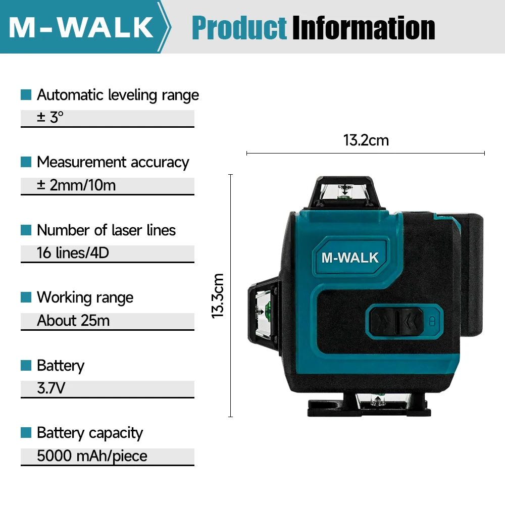 4D Laser Level 16 Lines Horizontal And Vertical With Remote Control Green 360°Self-leveling Laser Levels For Makita Battery Pin
