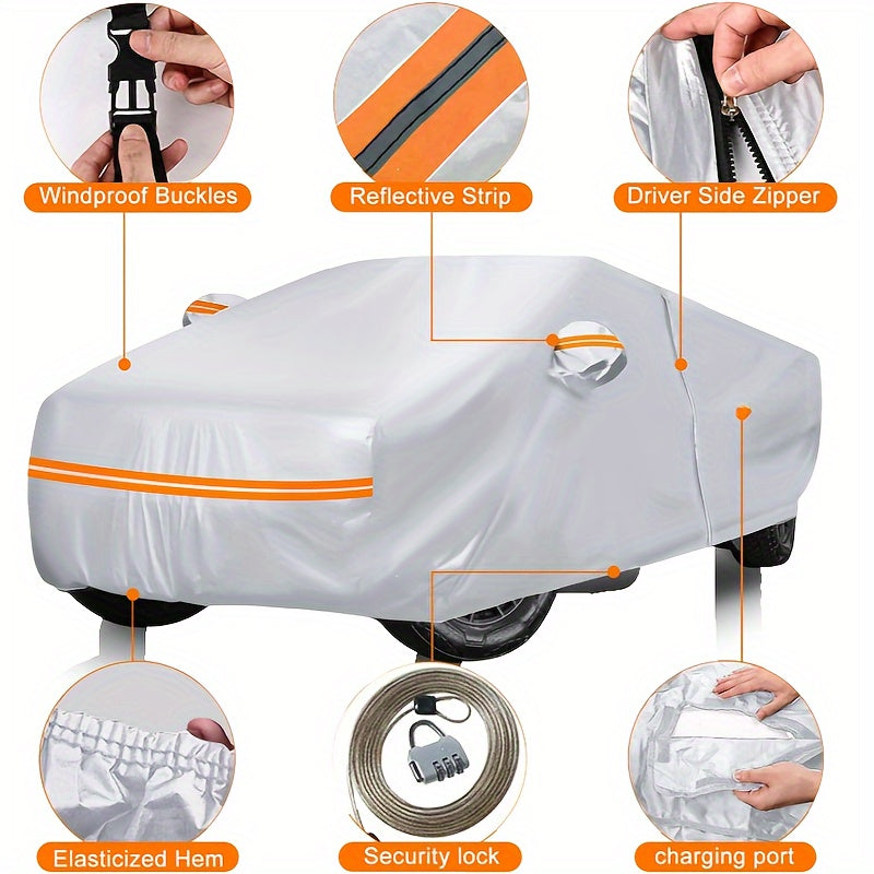 Silvery waterproof cover suitable for Tesla trucks, all-weather zipper door and windshield cover, protection against snow, rain and hail, Silvery car cover with reflective strips suitable for Tesla Cybertruck exclusive car co
